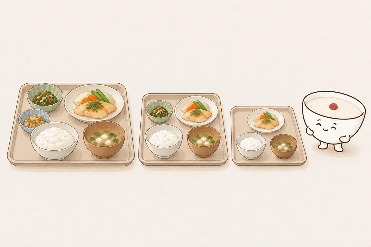 量の違う大・中・小の病院食のトレー。病院食のカロリーには体に合わせた段階があることを表すイラスト