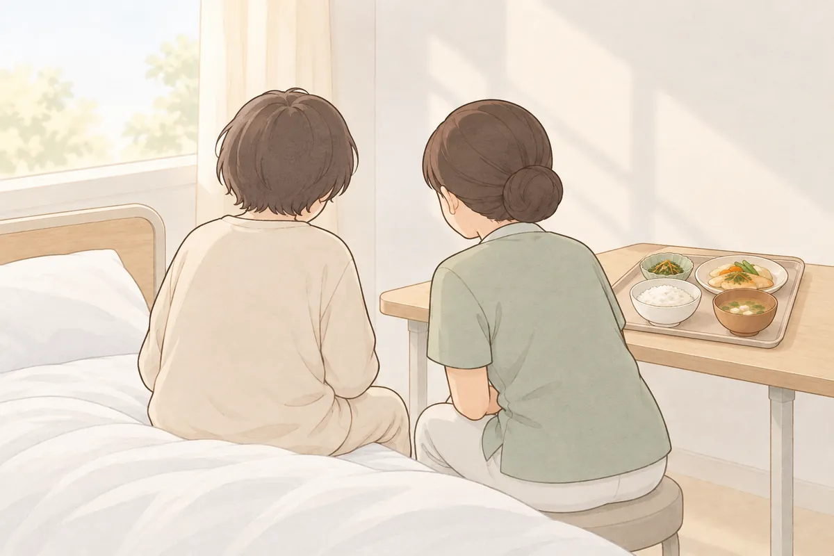 病室で、ベッドに座る患者さんの話を、そばで聞いている看護師の後ろ姿