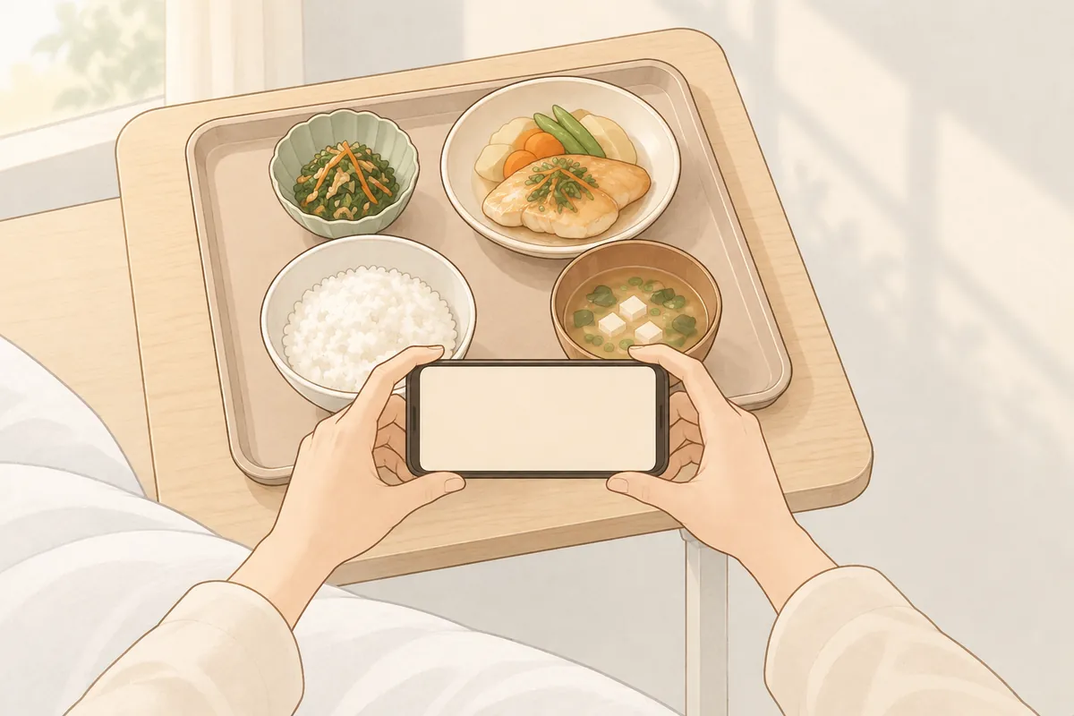 退院後に病院食を家で再現するため、入院中の病院食をスマートフォンで撮影している手元